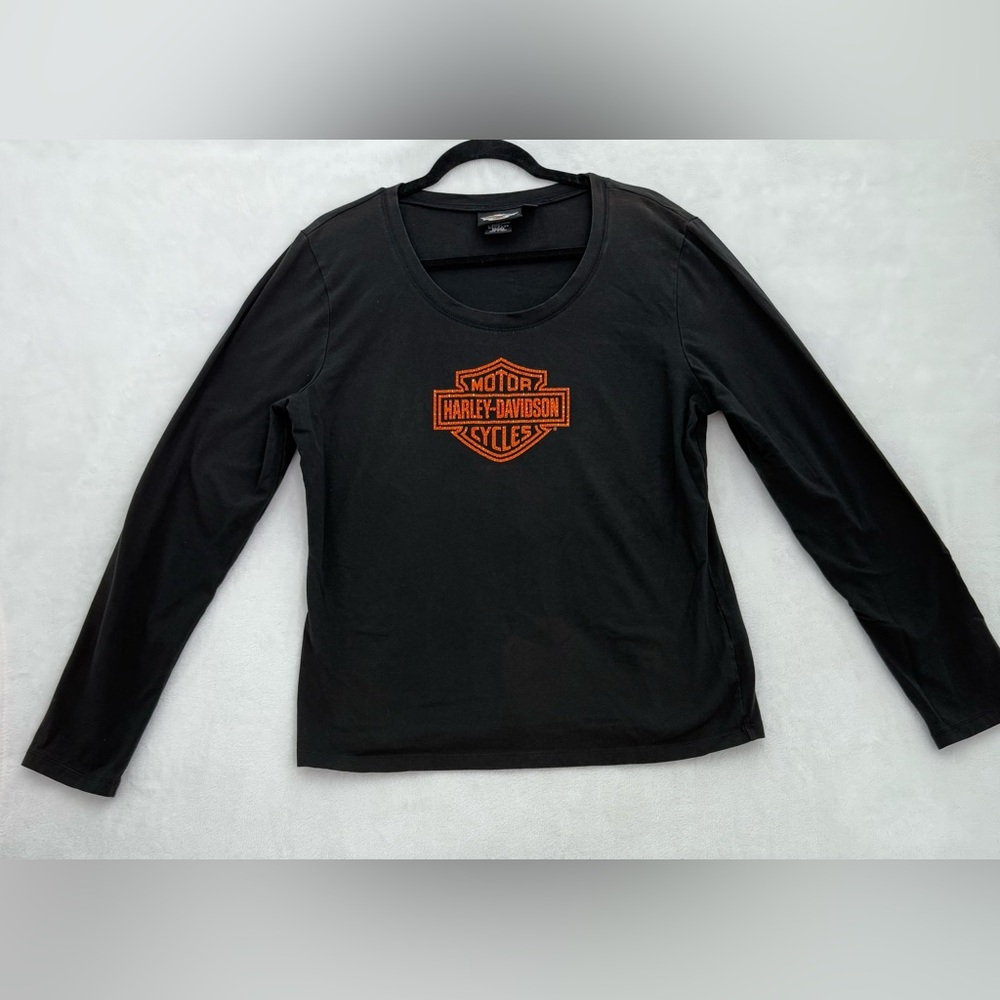 Harley-Davidson Long Sleeve T-Shirt Black with Orange rhinestones size XL-flaw